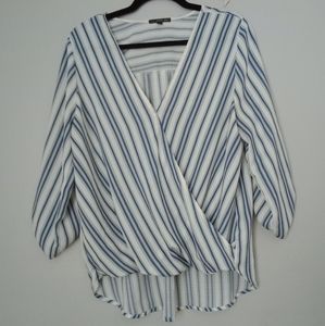 West kei blue white striped v neck hi lo blouse top sz Large